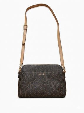 Calvin Klein Brown Monogram Crossbody with Tan Strap